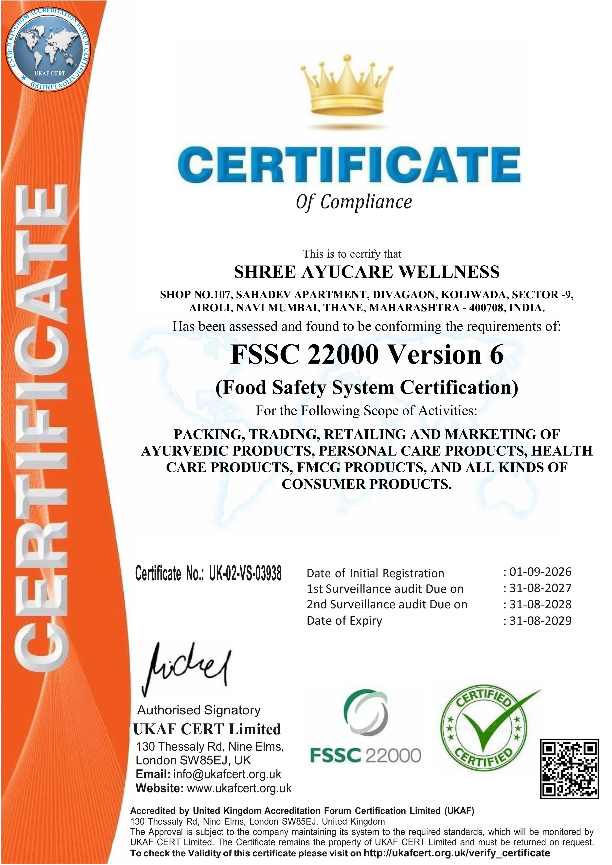 Certificate of FSSC 22000 Version 6 (Food Safety System Certification)